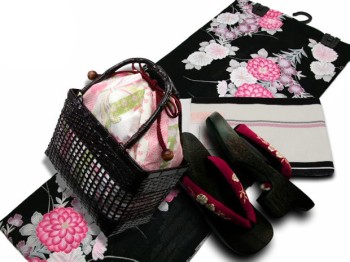 [Conjunto de yukata de 4 piezas] Yukata de seda de algodón para adultos, color negro