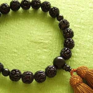 Rosario de un solo anillo para hombre (cuentas de oración) con tallas de arhat negras y ónix negro, con borlas de color pera