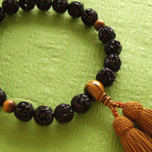 Rosario de un solo anillo para hombre (cuentas de oración) con tallas de arhat negras, acabado de ojo de tigre y borlas de color pera