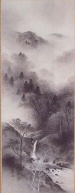 Pergamino colgante "Paisaje de tinta" de Harue Okamoto