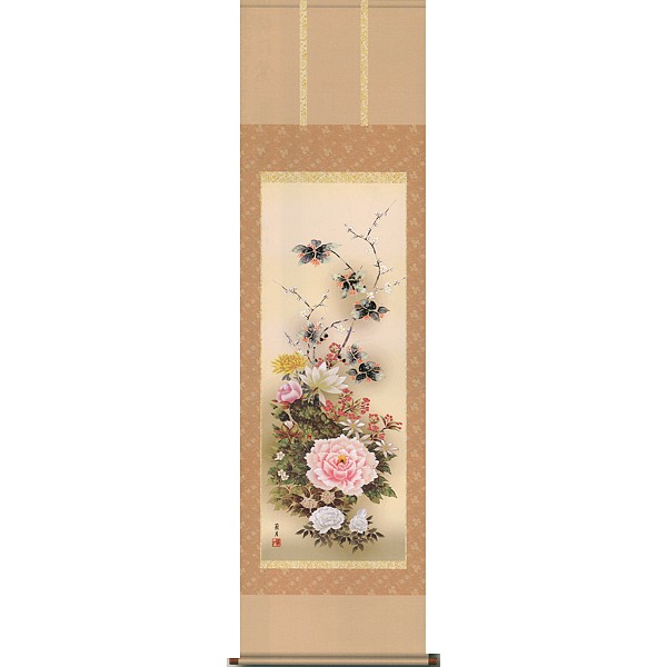 [Impresión] Pergamino colgante de Ranketsu Yoshii "Flores famosas en profusión (Flores de las cuatro estaciones)"